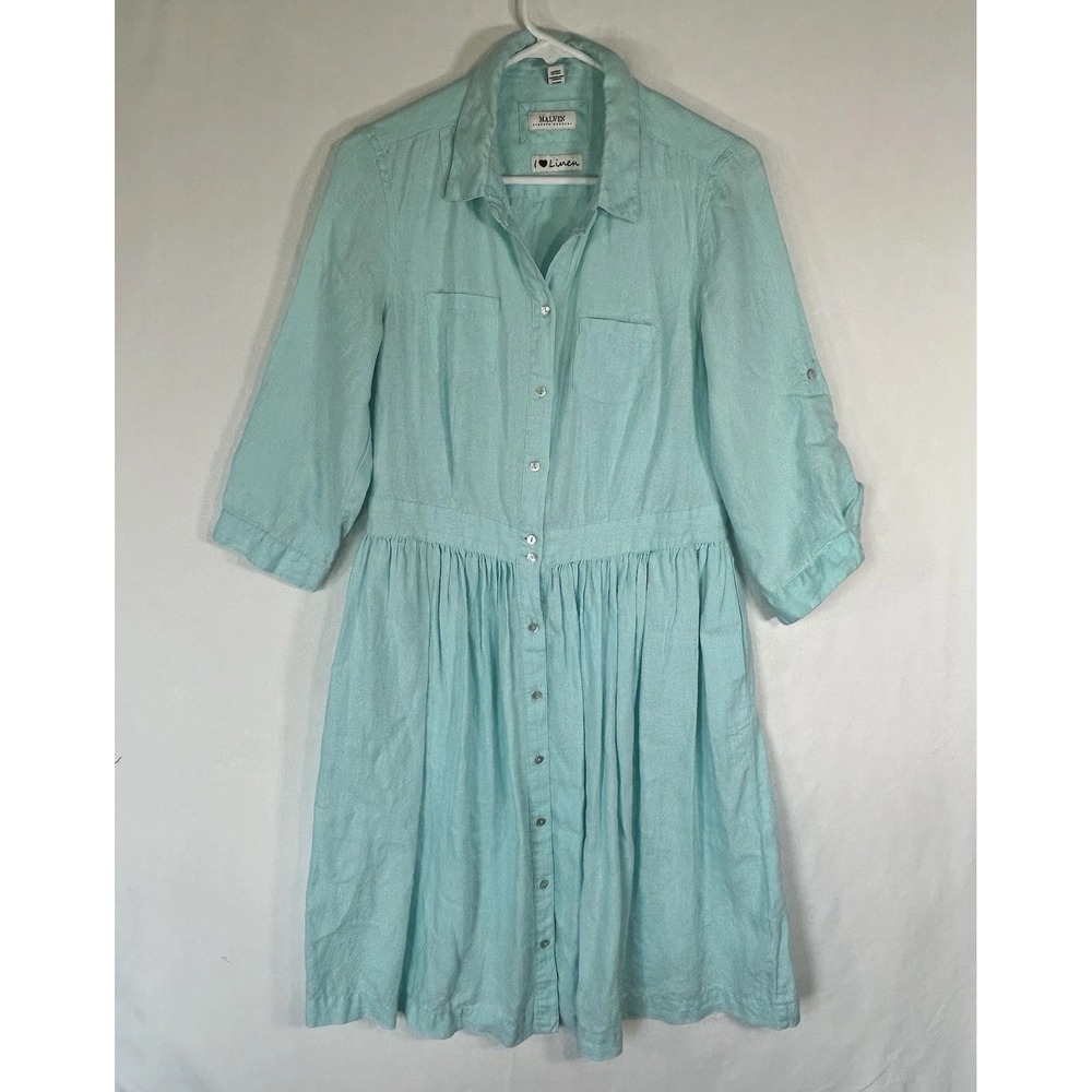 Malvin I Love Linen Dress Women's 100 % Linen 3/4 Sleeve Blue/ Green Size 8
